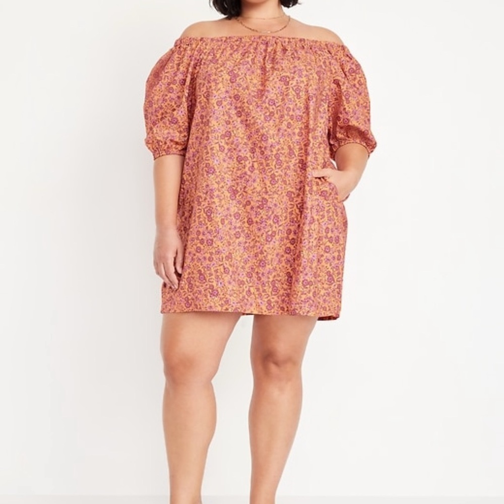 Old Navy Pink & Orange Floral Off-Shoulder Dress